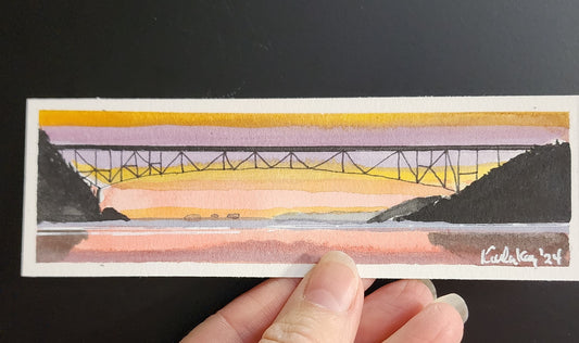 Miniature Deception Pass Bridge Painting at Sunset 2”x 6”