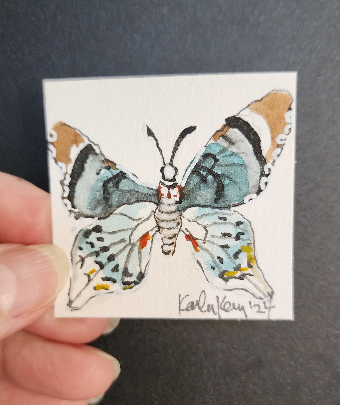 Miniature Blue and Gray Butterfly Painting