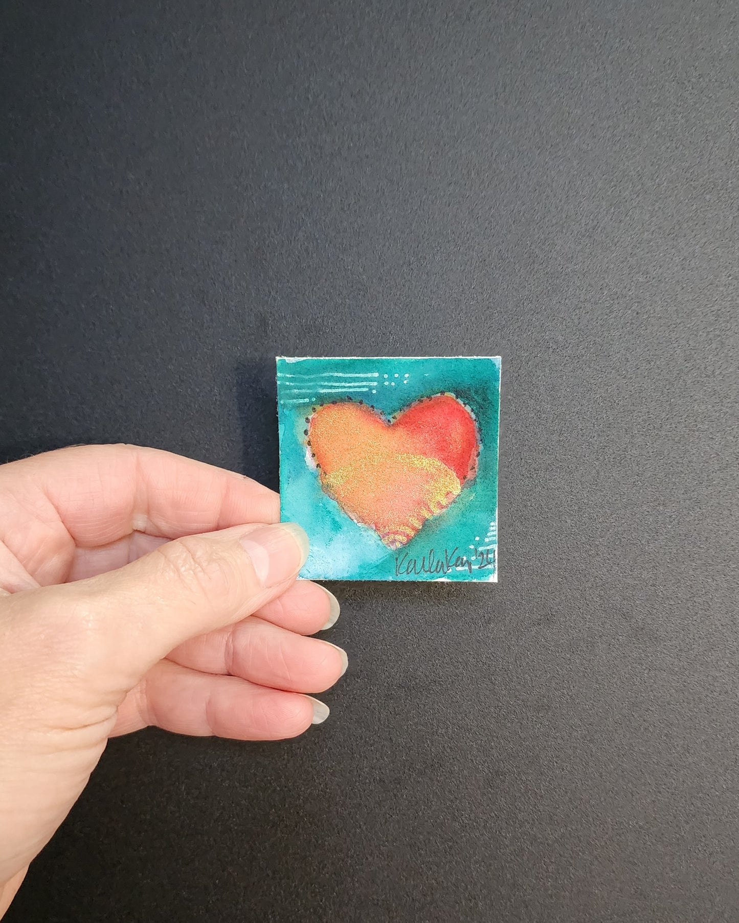 Miniature Orange, Turquoise and Gold Heart Painting