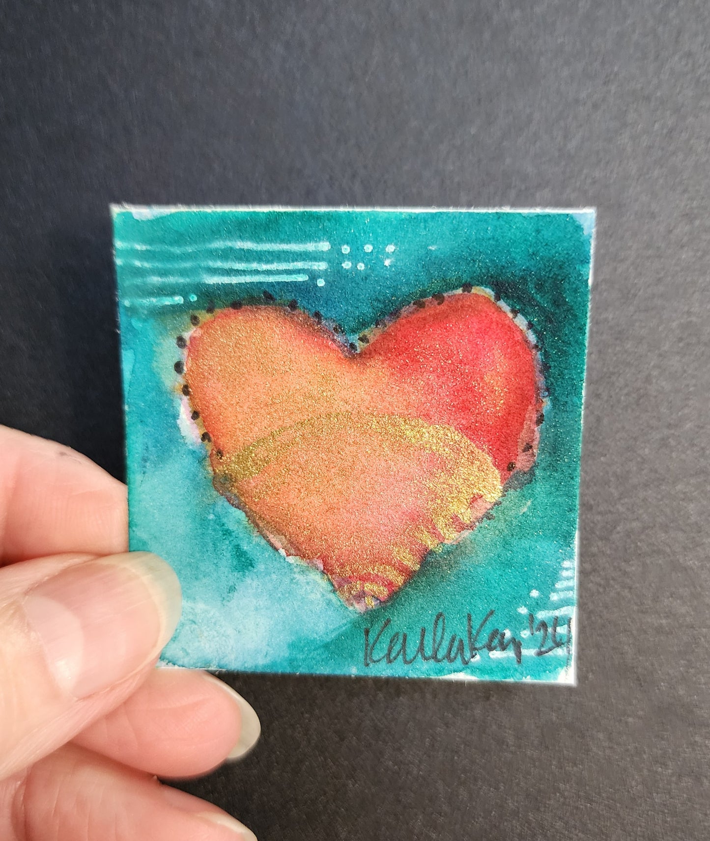 Miniature Orange, Turquoise and Gold Heart Painting