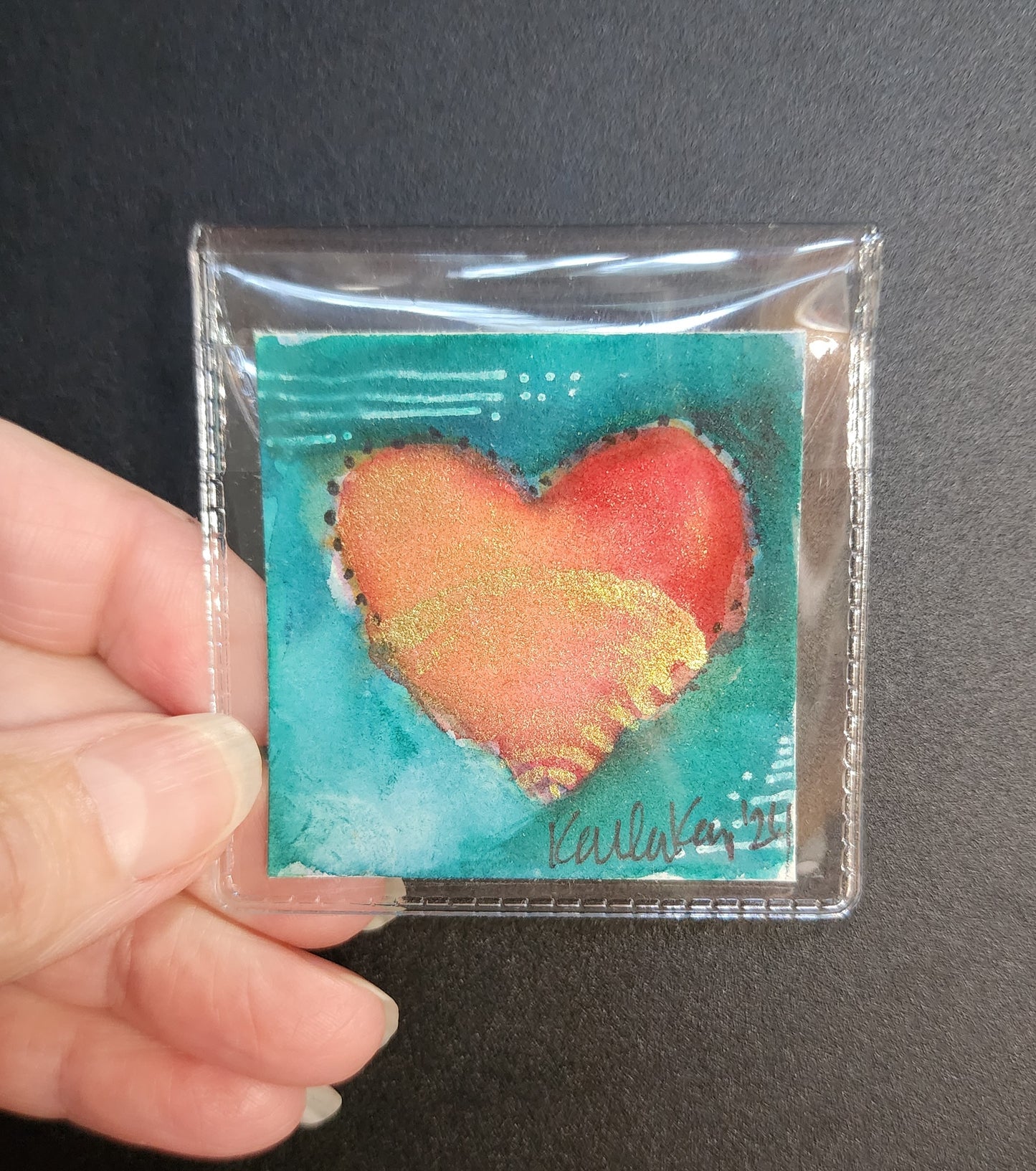 Miniature Orange, Turquoise and Gold Heart Painting